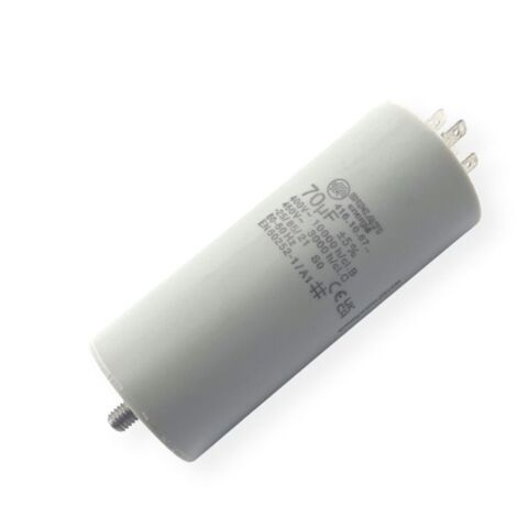 Ducati Energia – Condensateur permanent 70µF – Sortie double cosses Faston 6.3 mm – Longueur 117mm – Diamètre 50mm – Homologué VDE EN60252-1