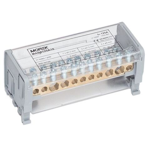 Répartiteur bipolaire 125A – 11 départs – 2x35mm², 2x25mm², 7x6mm² – Installation sur rail DIN – Matériaux laiton et acier galvanisé
