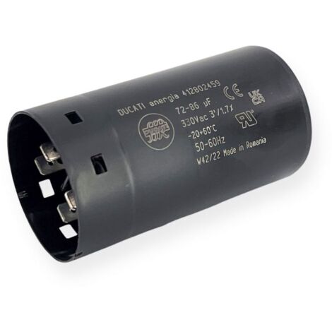 Ducati Energia – Condensateur de démarrage 72-86µF – Tension 330Vac – Cosses faston 6.3mm – Longueur 84mm – Ø45,5mm pour moteurs monophasés