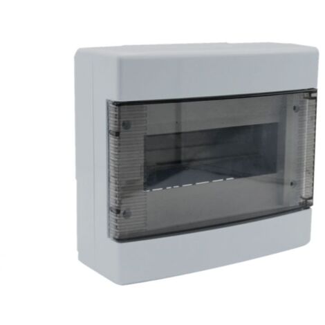 Em Distribution – Tableau de distribution 8 modules 180x200x90mm IP40 – Porte transparente fumée – En plastique ABS – Résistance IK8 – Rail DIN inclus