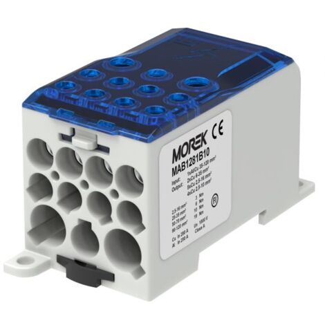 Bloc distribution alu cuivre 280A bleu - in 1x120mm² - out 2x35/5x16/4x10mm² - MOREK