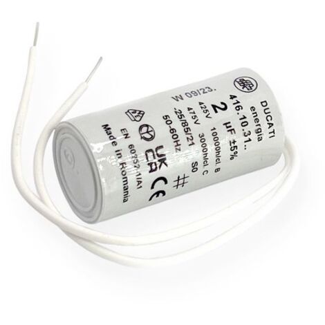 Ducati Energia – Condensateur permanent 2µF – Ø25mm x 49mm – Longueur fils 150mm – Homologué VDE EN60252-1 – Pour moteurs monophasés 220V