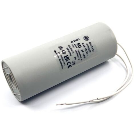 Ducati Energia – Condensateur permanent 50µF – Ø45x117mm – Longueur de fils 150mm – Compatible moteurs monophasés 220V – Homologué VDE EN60252-1