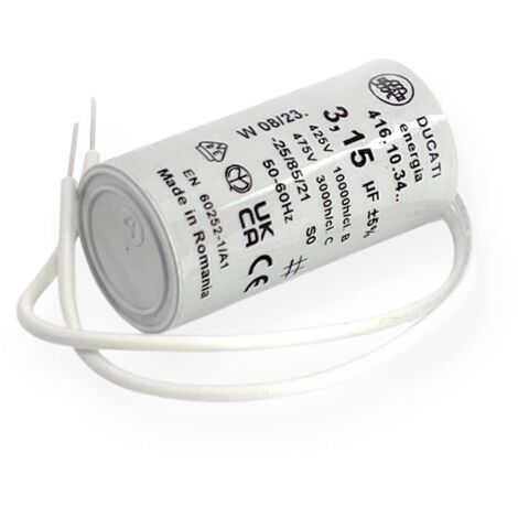 Ducati Energia – Condensateur permanent 3.15µF – Ø25x49mm – Longueur des fils 150mm – Homologué VDE EN60252-1 – Pour moteurs 220V