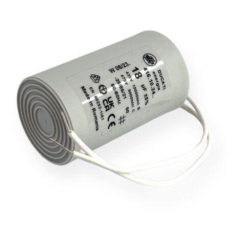 Ducati Energia – Condensateur permanent 18µF – Ø40x70mm – Longueur des fils 150mm – Homologué VDE EN60252-1 – Pour moteurs monophasés 220V