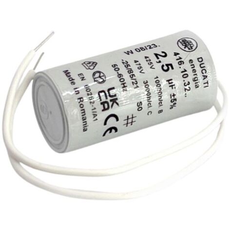 Ducati Energia – Condensateur permanent 2,5µF – Ø25x49mm – Longueur des fils 150mm – Homologué VDE EN60252-1 – Remplacement moteurs 220V