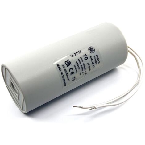 Ducati Energia – Condensateur permanent 70µF – Ø50mm x 117mm – Longueur de fils 150mm – Homologué VDE EN60252-1 – Pour moteurs monophasés 220V