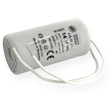 Ducati Energia – Condensateur permanent 14µF – Ø36x70mm – Fond plat – Longueur des fils 150mm – Homologué VDE EN60252-1