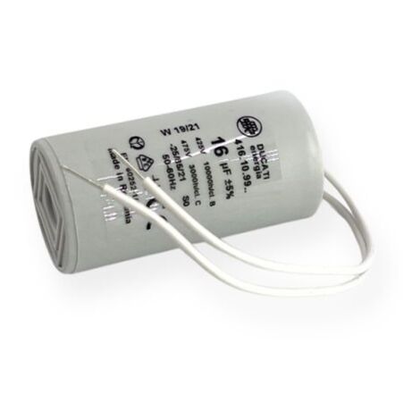 Ducati Energia – Condensateur permanent 16µF – Ø36x70mm – Longueur des fils 150mm – Homologation EN60252-1 – Pour moteurs monophasés 220V
