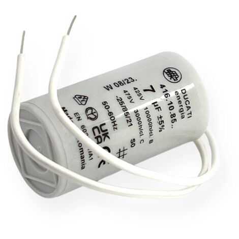 Ducati Energia – Condensateur permanent 7µF – Ø30mm x 56mm – Longueur des fils 150mm – Homologué VDE EN60252-1 – Pour moteurs monophasés 220V