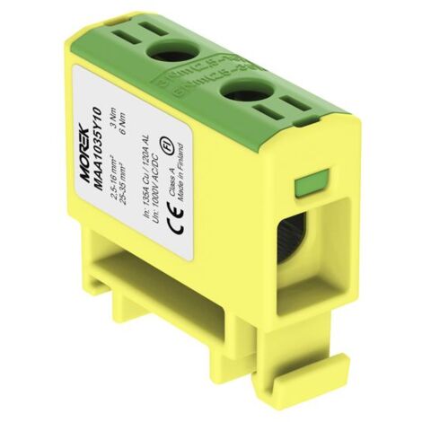 Borne pour tableau électrique 2,5 à 35mm² – Jonction alu cuivre vert/jaune (terre) – 1000V AC/DC – Montage rail DIN