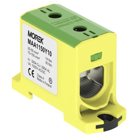 Bloc de jonction alu cuivre vert/jaune (terre) 25 à 150mm² 1000V AC/DC - Rail DIN - MOREK (1/2)