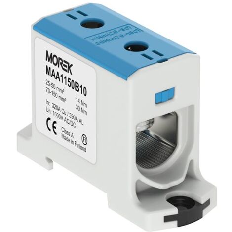 Bloc de jonction alu cuivre bleu (neutre) 25 à 150mm² 1000V AC/DC - Rail DIN - MOREK
