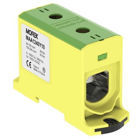 Bloc de jonction alu cuivre vert/jaune (terre) 35 à 240mm² 1000V AC/DC - Rail DIN - MOREK (1/2)