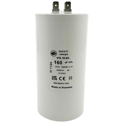Ducati Energia – Condensateur permanent 160µF double cosses Faston – Fond plat Ø60x120mm – Remplace moteurs 220V – Durée de vie 10.000 heures
