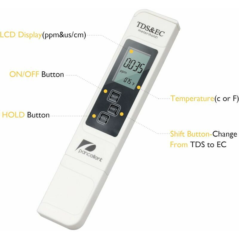 Testeur numérique de qualité de l'eau blanche Tds Ec Meter Range 0-9990  Multifonctionnel Water Purity Temperature Meter Temp Ppm Tester