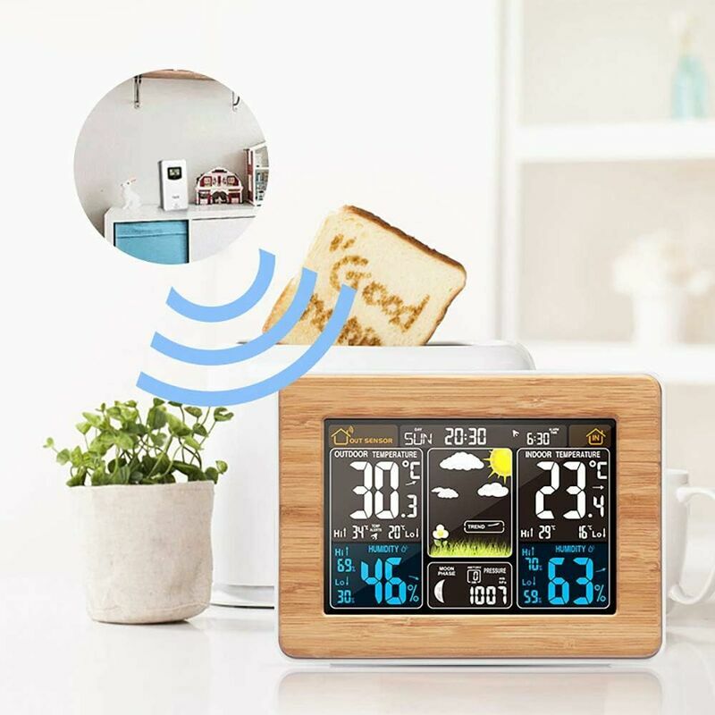 Station météo sans fil Horloge météo numérique colorée avec capteur extérieur  Thermomètre intérieur extérieur avec date Température Humidité Baromètre  Alarme Phase de lune Horloge météo BF