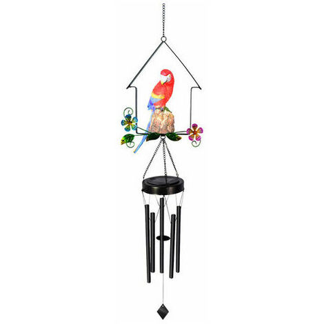 Lampe carillon éolienne solaire en fer forgé Lampe carillon éolien  décoration pelouse de jardin, perroquet rouge 