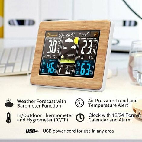 Station météo numérique Réveil Thermomètre électronique Hygromètre Baromètre  Capteur extérieur sans fil Décoration intérieure bois 1pcs