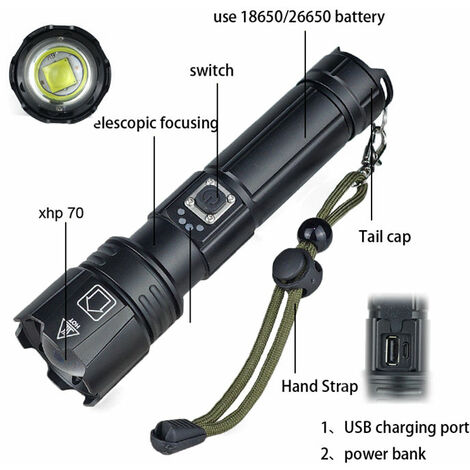 H38 Lampe de Poche LED Tactique Ultra Puissante élevés Super Lumineuse  Zoomable Rechargeable Étanche 5 Mode