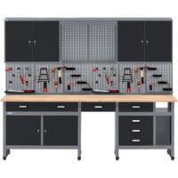 Küpper Werkbankset 70412-9, Breite 240 cm, Werkbank mit Vollbuchenplatte , Hängeschrank, 2x Lochwand inkl. 12 Metall-Standardhaken