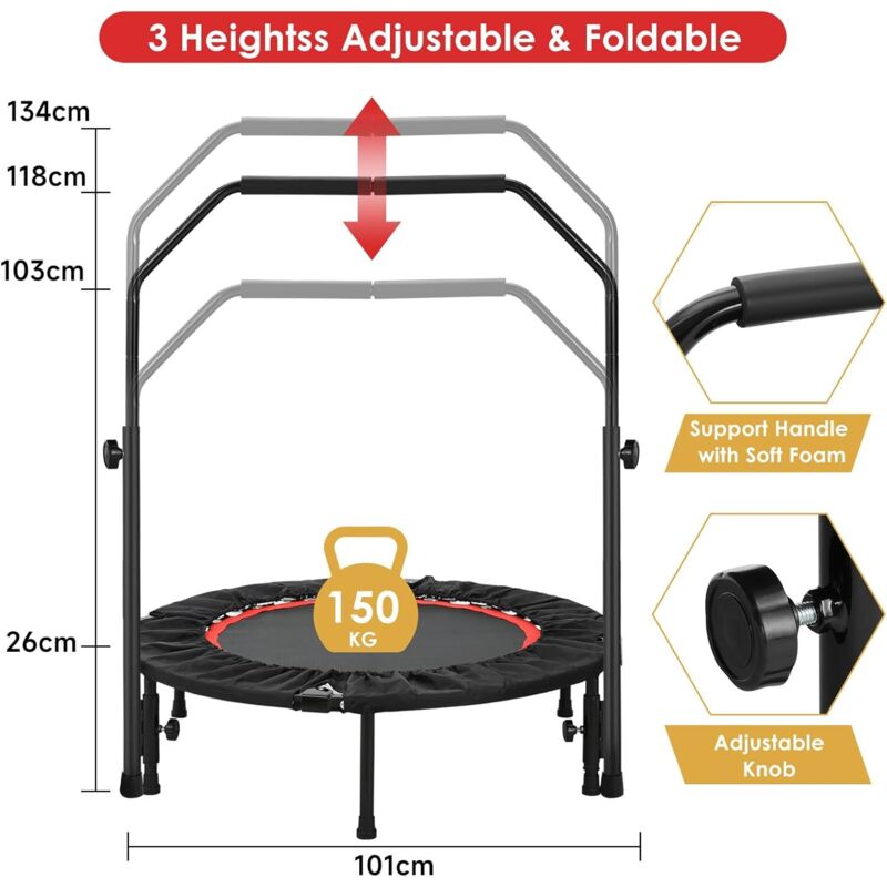 Gielmiy Trampoline de Fitness ca 101cm,avec Guidon réglable Fitness Rebounder pour Fitness intérieur, système de Design Bungee-Seil, Poids de l'utilisateur jusqu'à 150kg Gielmiy Trampoline de Fitness ca 101cm,avec Guidon réglable Fitness Rebounder pour Fitness intérieur, système de Design Bungee-Seil, Poids de l'utilisateur jusqu'à 150kg