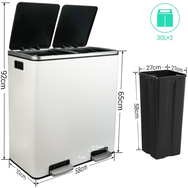 LIFERUN Poubelle à 2 Compartiments, Système De Tri Sélectif, 2 X 15 L