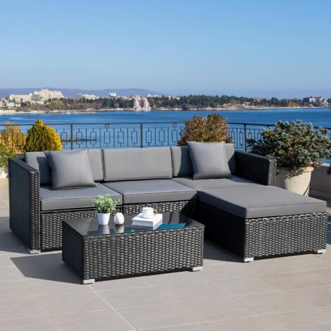 LIFERUN 5PCS Salon de Jardin,Salon de Balcon en Rotin,Ensemble Meubles de Jardin en Rotin PE,Ensemble de Mobilier de Terrasse,Ensemble de Canapés en Rotin Avec Coussins et Table en Verre,pourJardin,Te (1/5)