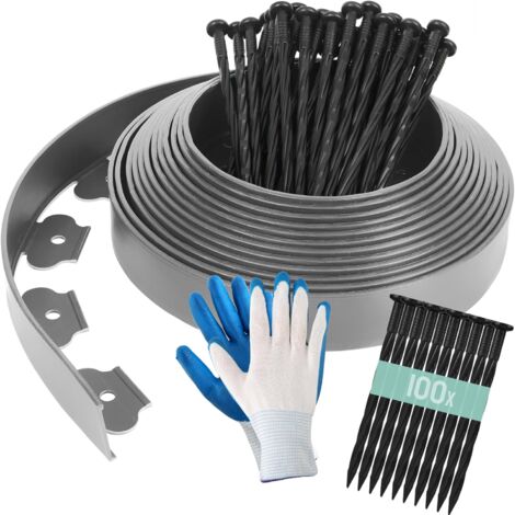 LIFERUN Bordure de Jardin en Plastique, 20M avec 100 Piquets d'ancrage et 1 Paire de Gants, Hauteur 5cm, Bordure de Jardin Flexible, Bordure Jardin Exterieur, Bordurette de Pelouse Flexible, Gris (1/5)