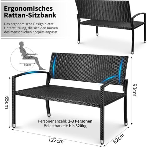 Banc Double De Jardin En Rotin PE LIFEZEAL Avec Table En Verre - 2 Places, Coussin Confort