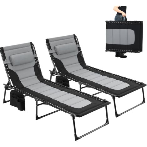Chaise Longue De Jardin Pliable XXL – Coussin Inclus, Dossier Réglable 90-170°, Porte-boisson – Gris