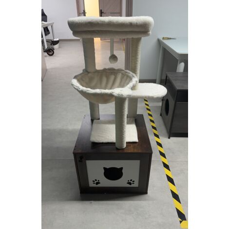 Liferun – Arbre à chat en bois avec maison de litière – Hauteur 119cm – Poteaux en sisal – Coussin en peluche amovible et lavable – Hamac intégré