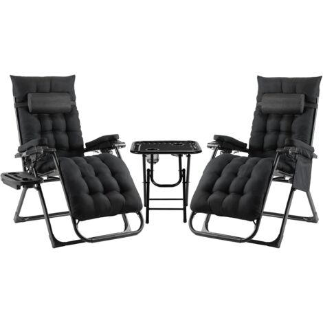 2 chaises longues de jardin pliables avec 1 table,coussin d'assise et d'appui-tête amovible,dossier réglable,Noir