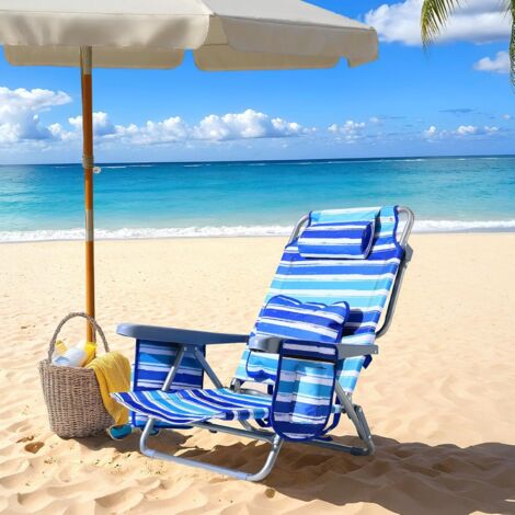 1PC Chaises de plage avec fonction sac à dos,chaises de camping pliante avec dossier haut,coussin lombaire, appuie-tête, poches latérales- bleu (1/5)