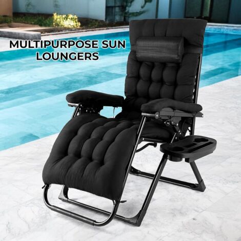 Chaise longue pliante, chaise de jardin, chaise longue de camping avec oreiller noir (1/5)