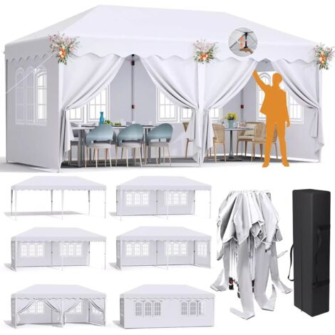 Tonnelle de jardin Pop-up 3x6m,Barnum Pliant Extérieur,Tente de Receptin Fête Camping,Imperméable,avec 4 Parois Amovibles et 6 PCS Sacs de Sable- Blanc