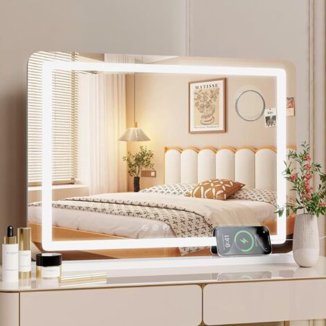Miroir de Maquillage avec Lumières LED, Miroir Coiffeuse, Miroir Mural, Miroir de Table, 50x40cm, avec USB et Type-C, loupe 10x, 3 températures de Couleur, Contrôle Tactile
