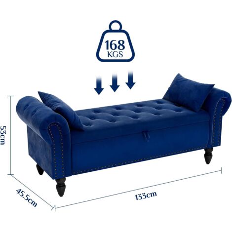 Liferun – Banc de rangement 133cm – Tabouret rembourré – Coffre avec couvercle – Support jusqu'à 168kg – Design en velours bleu élégant