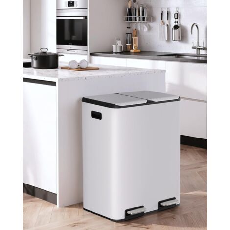 Poubelle à 2 compartiments, 2 x 30 l, à pédale, avec filtre anti-odeur, couvercle silencieux, seau intérieur en plastique, système de tri sélectif,métal, pour cuisine- Blanc