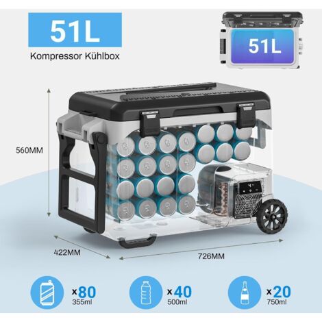 Réfrigérateur portable à compression,Glacière à compresseur 51 L, congélateur électrique jusqu'à -20 °C, avec roulettes, balance et décapsuleur, modes MAX/ECO, affichage LED, compatible voiture (12/24