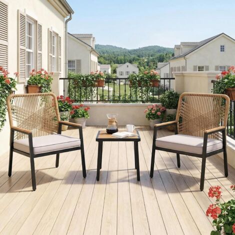 Lot de 3 Salon de jardin en métal et rotin,Ensemble 1 table et 2 fauteuils,Avec coussin d'assise de 8 cm d'épaisseur- Beige (1/5)