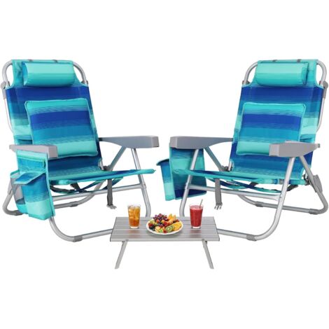Chaise Pliante de Plage en Alliage d'Aluminium,Légère,Ensemble de 2 Chaises avec 1 Table,Siège d’extérieur,Chaise Camping- Bleu