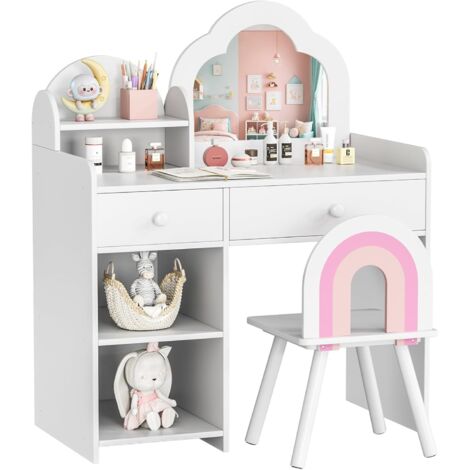 Coiffeuse Enfant avec Miroir et Tabouret,Bureau pour Enfants,avec Tiroirs et Armoires de Rangement-Blanc