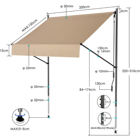 Store Banne Balcon 350cm Avec Manivelle - Sans Perçage, UV50+, Réglable Beige