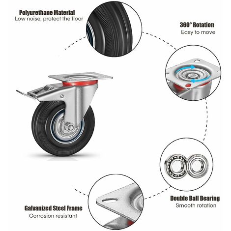 Uyoyous 4er-Pack Schwerlastrollen 150 Mm – 2 Lenkrollen Mit Bremse Und 2 Ohne Bremse, 360° Drehbar, Tragkraft 1400 Kg, Doppelkugellager, PU-Beschichtung