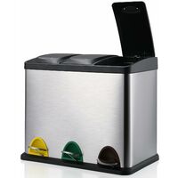 LIFERUN Poubelle à 3 compartiments, 3 x 15 l, système de tri sélectif, 45 l, grande poubelle à pédale en acier inoxydable avec couvercle, seau intérieur amovible, poubelle à pédale, argentée