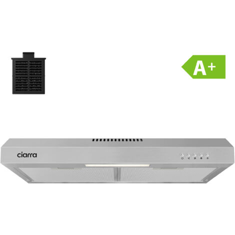 Ciarra – Hotte casquette 60cm A+ – Filtre actif – Débit 220m³/h – Silencieuse 61dB – 3 vitesses – Acier inoxydable – CD6903DS