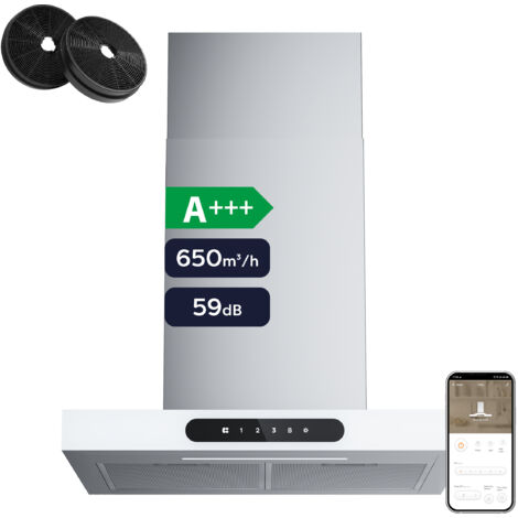 Ciarra – Hotte aspirante murale Wi-Fi 60cm 650m³/h A+++ – 4 vitesses – 59 dB – 2 filtres à charbon – CD6102W (1/5)