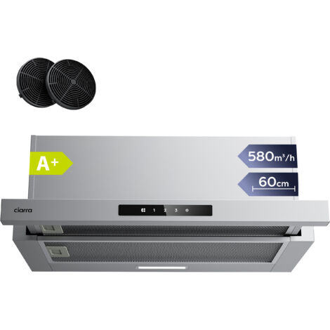 Ciarra – Hotte tiroir 60 cm 580 m³/h – Commande tactile – Évacuation ou recyclage – Classe A+ – Niveau sonore 62 dB – CD6909AS