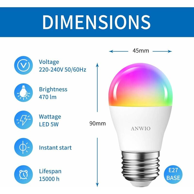 A70 W und 12 LED-Glühbirne 1521 Hub erforderlich, Tuya-App lm WiFi Life, RGB-Glühbirne, Bluetooth und kein Smart 4er-Pack dimmbar, Smart E27
